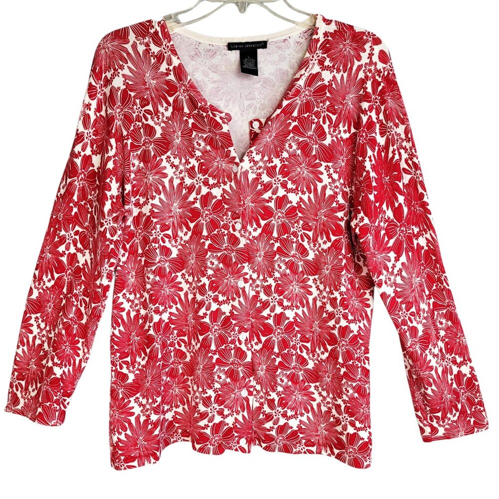 Sarah Spencer Floral Cardigan Sweater Women's L Red Silk Blend Mature Classic